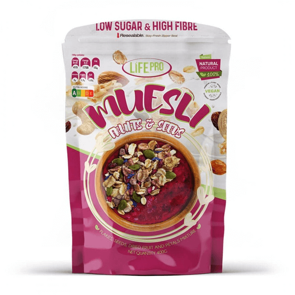 Muesli fruit&seeds pacote de 400g do fabricante LifePRO complemento alimentar de cereais e flocos